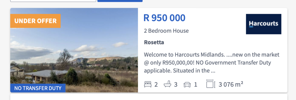 Screenshot of the property listing from property24. Price R950 000, 2 bedroom house, 3076m2